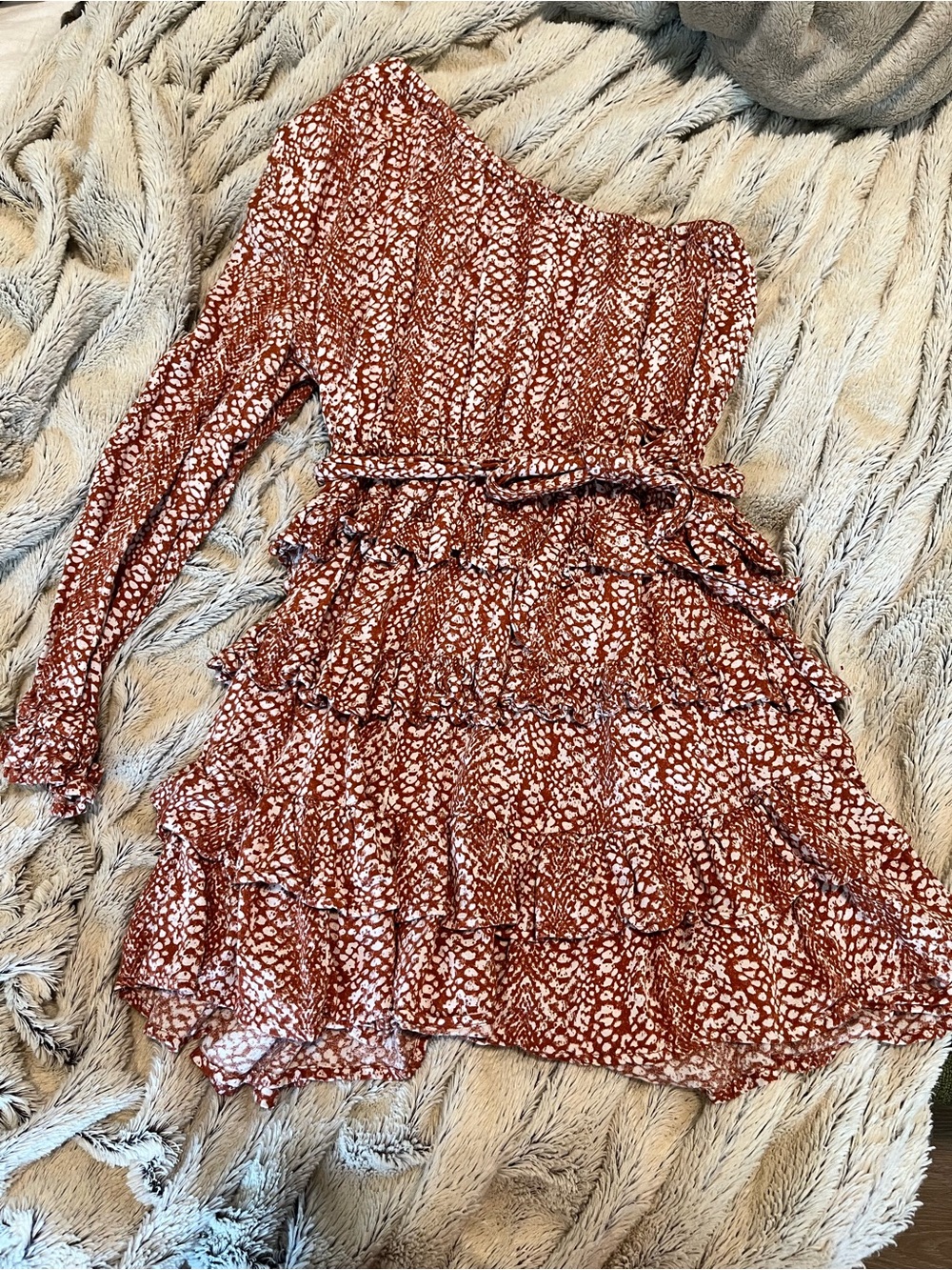 Rust and White One-Shoulder Ruffled Mini Dress